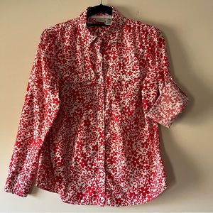 L.L. Bean Red Floral Camp Shirt with Adjustable Sleeves